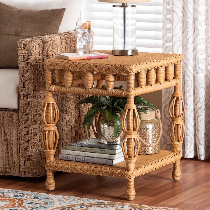 Round End Table Woven Rattan Light Honey Finish Lower Shelf Boho