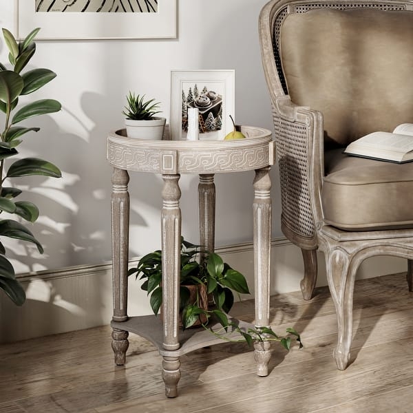 Round Farmhouse End Table with Tripod Base and Shelf