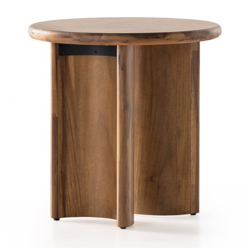 Round Fluted End Table Sandy Acacia Drum Pedestal Accent Table
