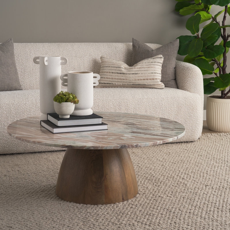 Round Genuine Marble Coffee Table with Wood Tapered Tripod Base