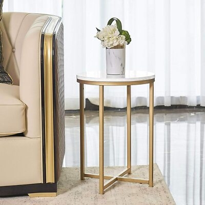 Round Glam End Table with White Marble-Like Top and Polished Gold Tripod
