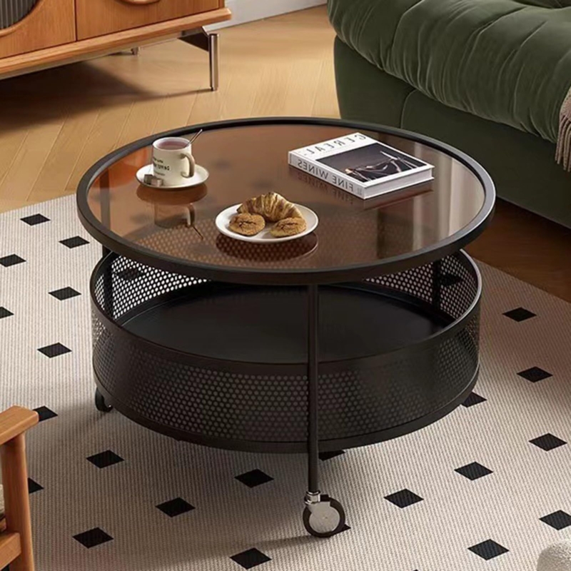 Round Glass Coffee Table with Storage Basket, Black Metal Wire Mesh Base