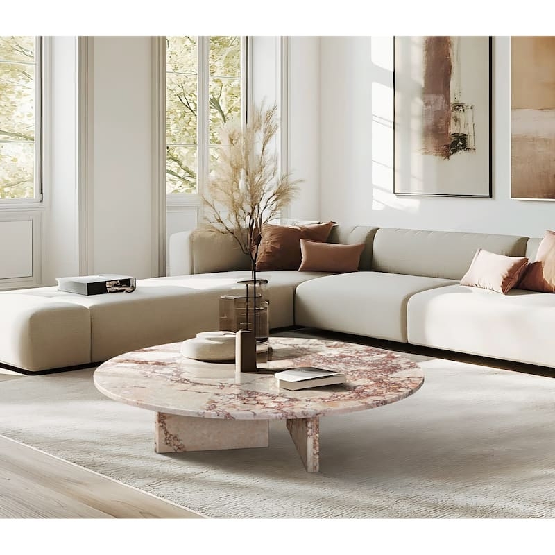 Round Green Marble Top Coffee Table with Conical Pedestal Base
