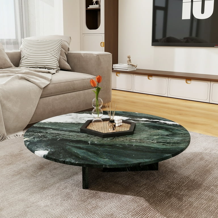 Round Green Marble Top Coffee Table with Geometric Metal Base