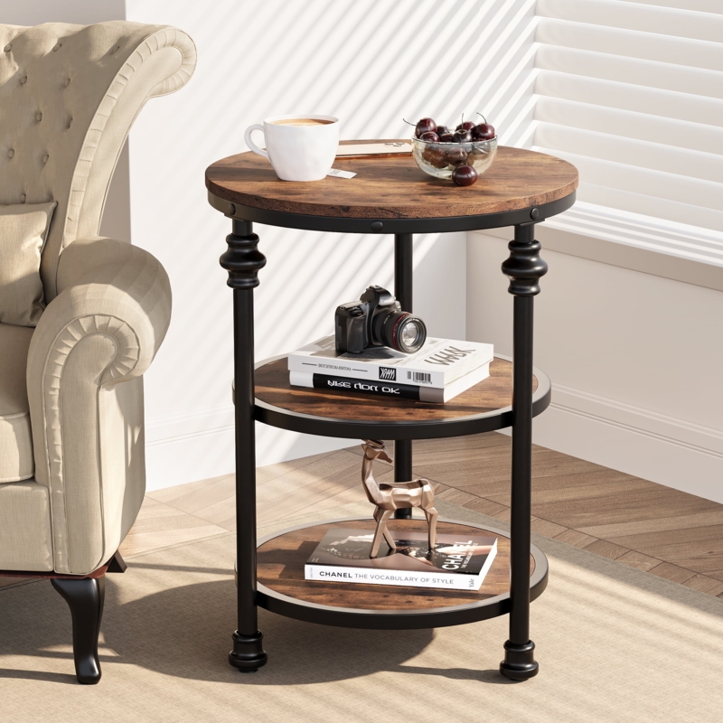 Round Industrial End Table with Wire Mesh Storage Basket