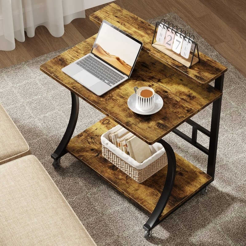 Round Industrial Farmhouse Side Table, Locking Casters, Open Frame