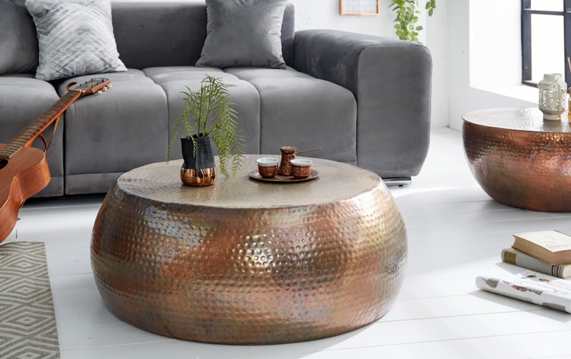 Round Iridescent Metal Coffee Table Flamed Copper Teal Patina