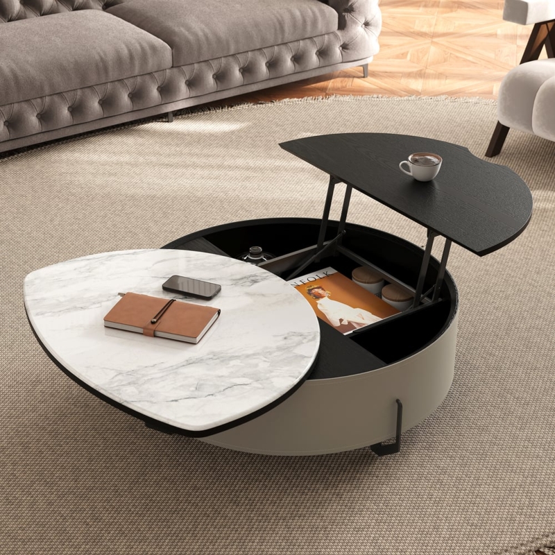 Round Lift-Top Coffee Table with Ribbed Upholstered Base and Gold Accent