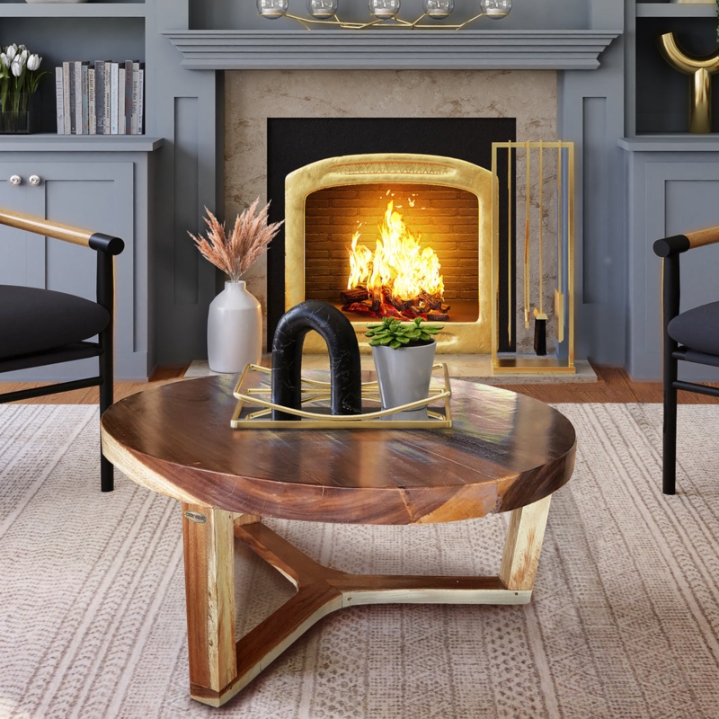 Round Live Edge Coffee Table with Thick Slab Top & Pedestal Base