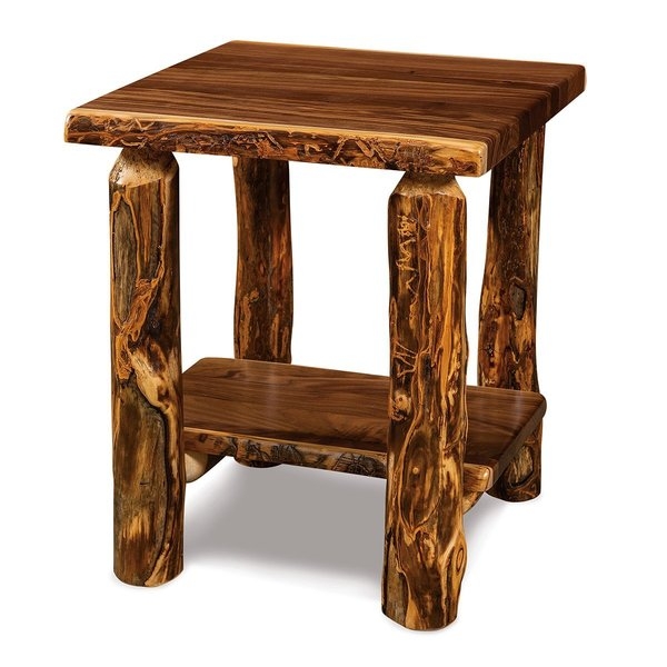 Round Log End Table With Lower Shelf Cabin Style Accent