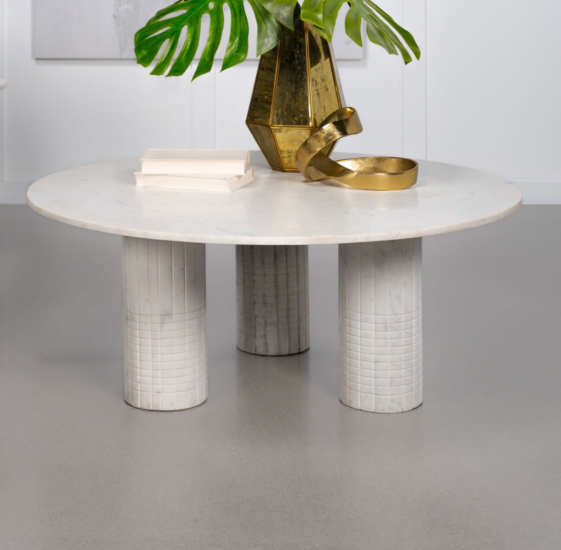 Round Marble Top Coffee Table with Dark Ribbed Pedestal Base