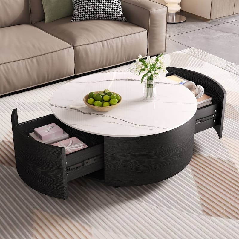 Round Marble Top Coffee Table with Vertical Fluting & Hidden Casters