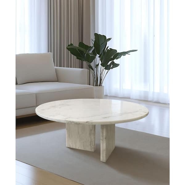 Round Marble Top Coffee Table with Wood X-Base Frame Design