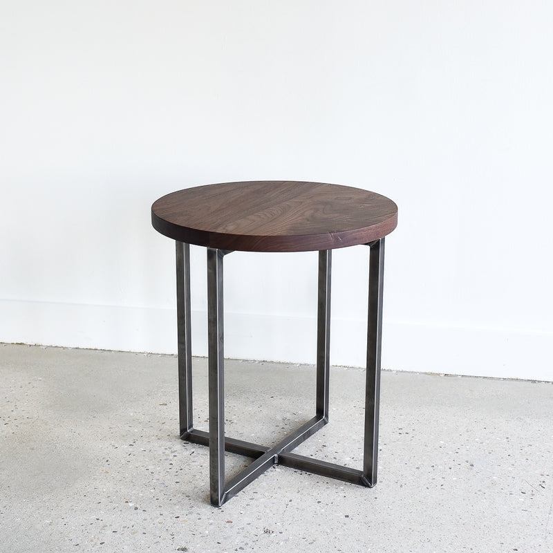 Round Modern End Table with Thick Wood Slab Top and Metal Legs