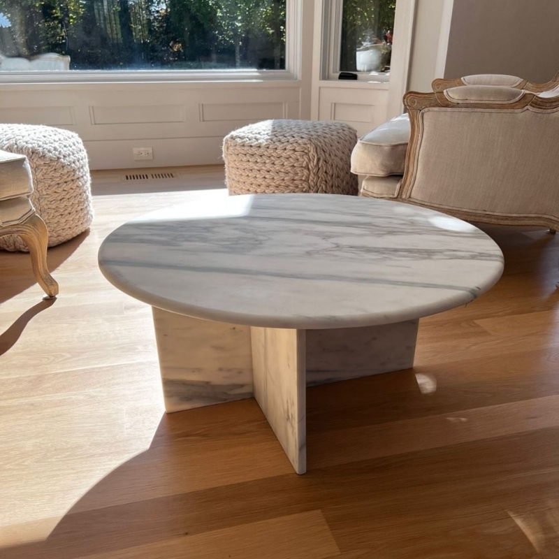 Round Monolithic Stone Coffee Table with Heavy Cylindrical Base