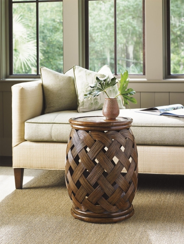 Round Nested Coffee Table Set with Woven Rattan Under Glass Tops