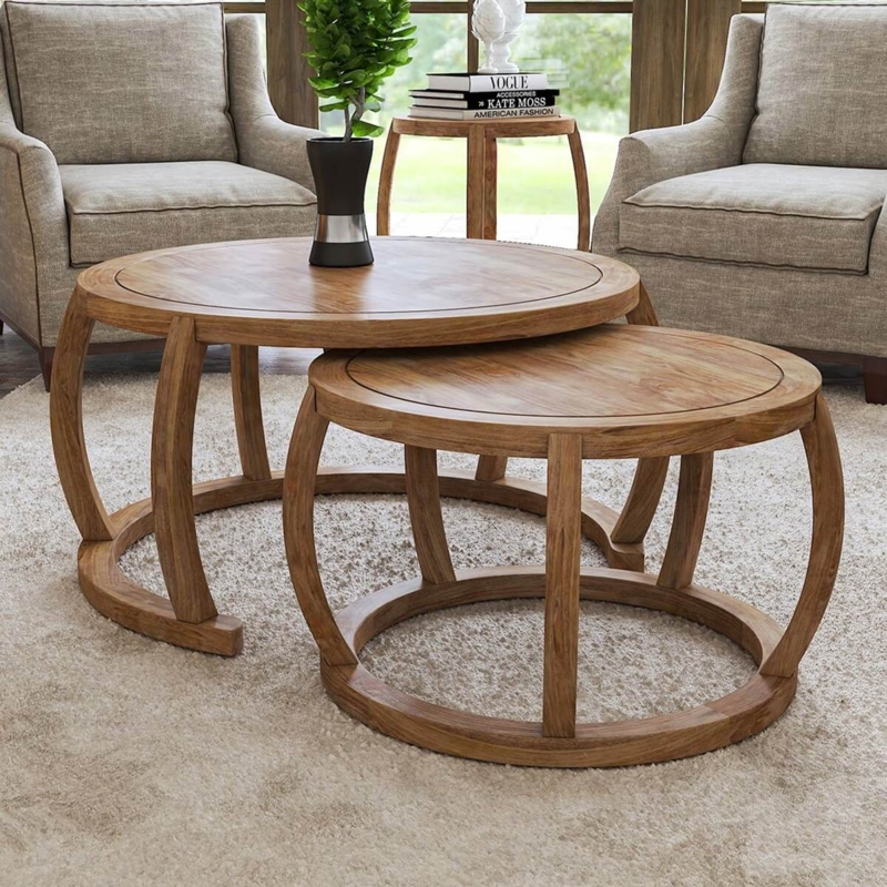Round Nesting Coffee Table Set with Thick Wood Tops & Metal Frames