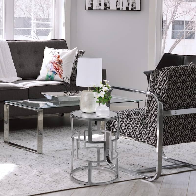 Round Nesting Tables Set Mirrored Glass Tops Polished Chrome Frames