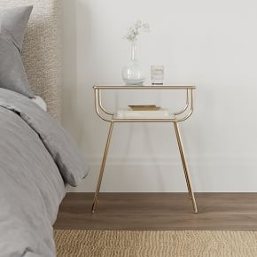 Round Nightstand Gold Metal Glass Top Mirrored Shelf Two Tier Polished