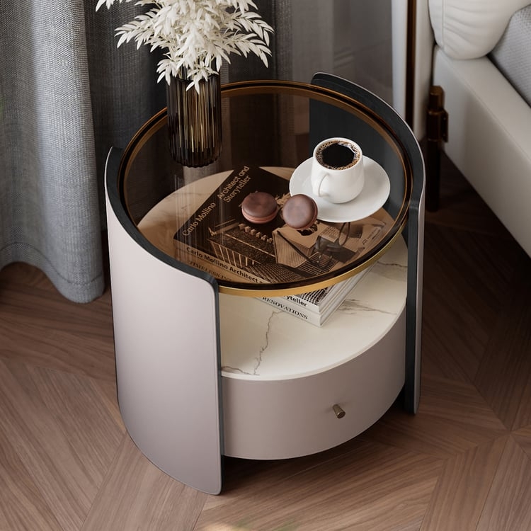 Round Nightstand Gray Leather-Like Glass Top Stone Shelf Gold Modern