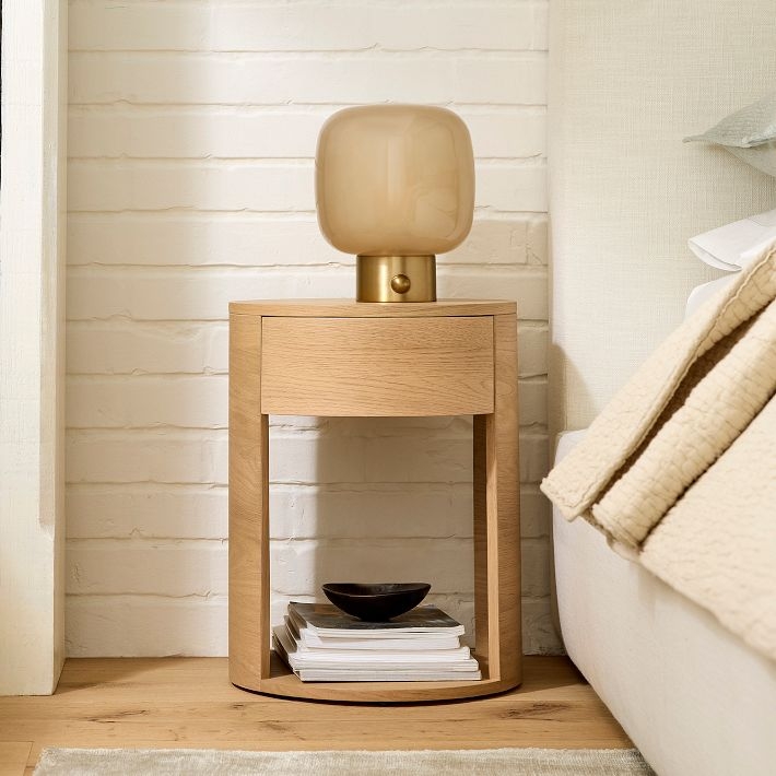 Round Nightstand with Tray Top and Tapered Legs Mid-Century Modern