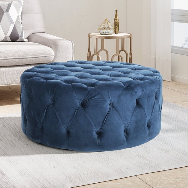 Round Ottoman Coffee Table Navy Blue Velvet All-Over Tufted Gold Base