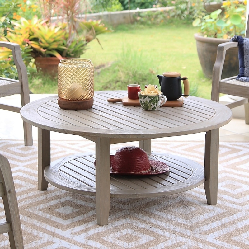 Round Outdoor Coffee Table Sunburst Slatted Wood Pedestal Base