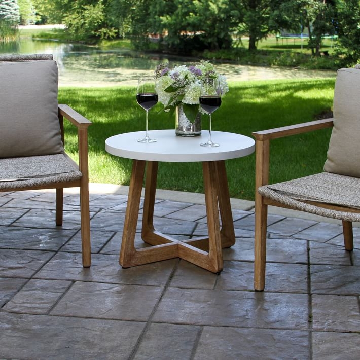 Round Outdoor Side Table with Thick Cylindrical Pedestal Base in Eucalyptus
