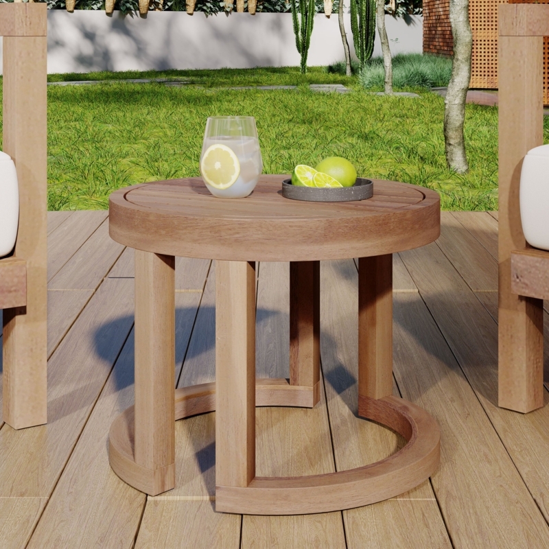 Round Outdoor Side Table with X-Frame Base Brown Wash Slatted Top
