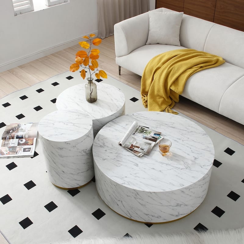 Round Pedestal Coffee Table, Dark Marbled Top Ribbed Wood Base