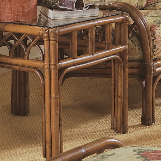 Round Rattan End Table with Woven Lattice Base and Glass Top Insert