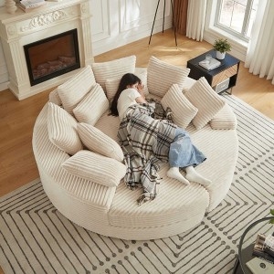 Round Recliner Beige Corduroy Oversized Snuggler Chair