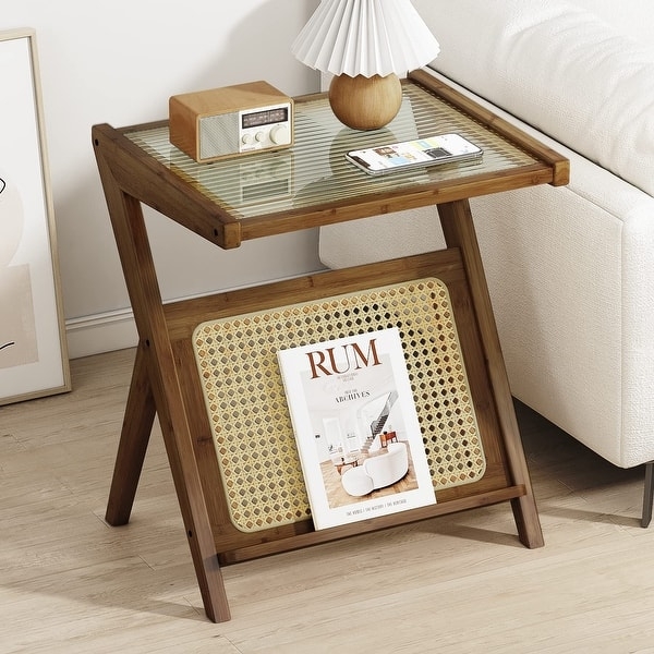 Round Side Table Blonde Wood Frame Glass Top Woven Rattan Shelf