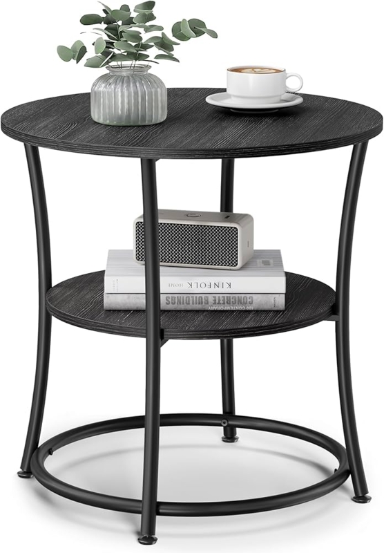 Round Side Table Charcoal Grey Two-Tier Circular Steel Frame