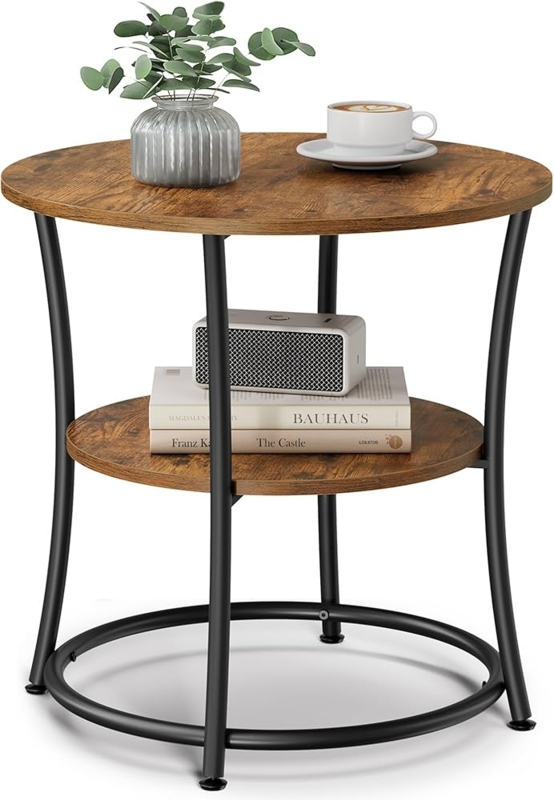 Round Side Table Rustic Brown Two Tier Tripod Legs Mixed Material