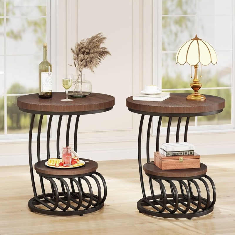 Round Side Table: Rustic Wood Tiers with Unique Arc-Shaped Metal Legs