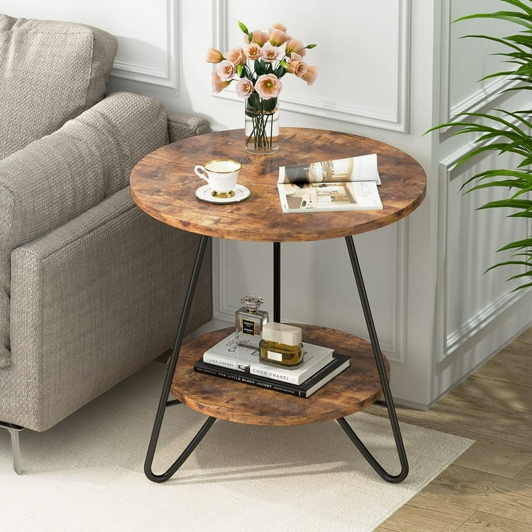 Round Side Table Two-Tier Rustic Industrial Dark Brown Wood