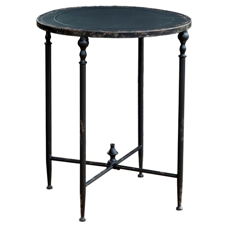 Round Side Table with Aged Metal Finish and Pedestal Base