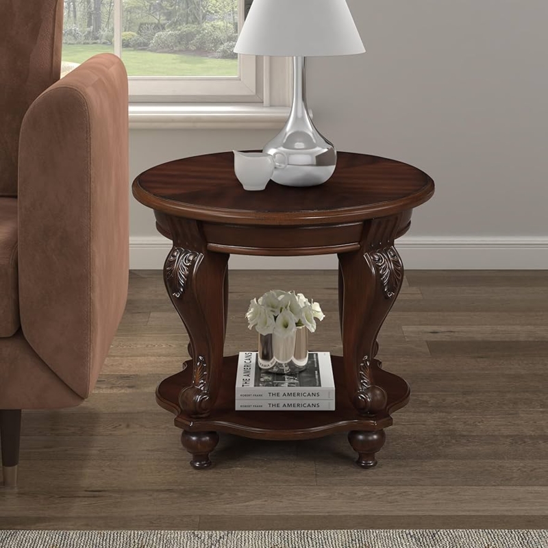 Round Side Table with Two-Tier Storage, Traditional Style, Dark Wood
