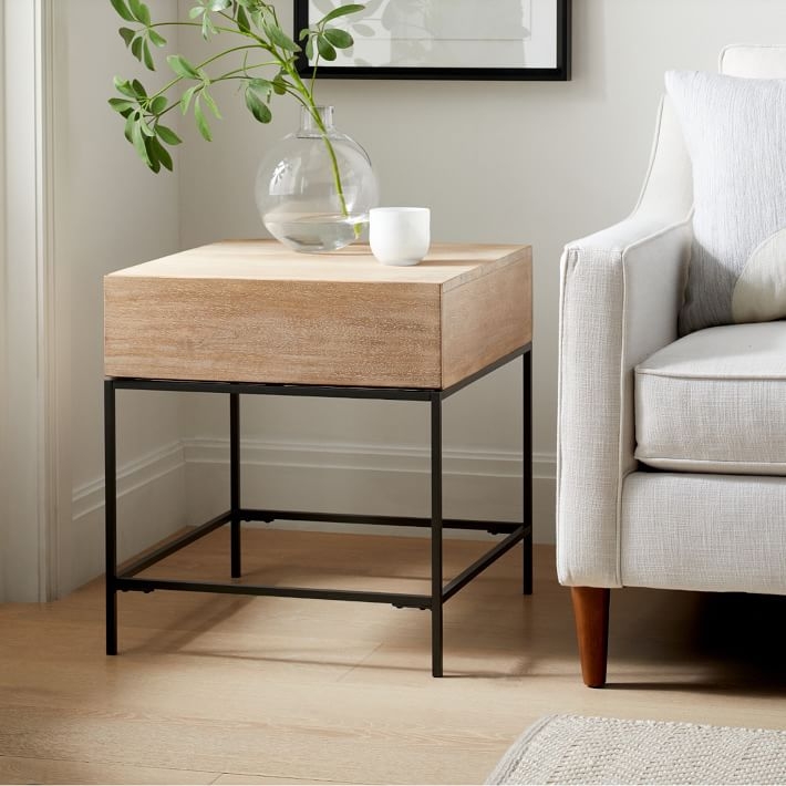 Round Side Table with Wire Mesh Storage Basket and Tripod Base.