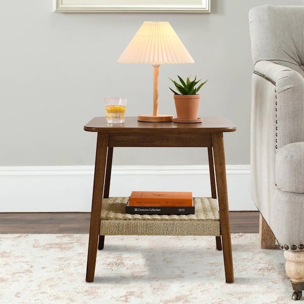 Round Side Table Wood Tripod Legs Woven Rattan Storage Shelf Boho