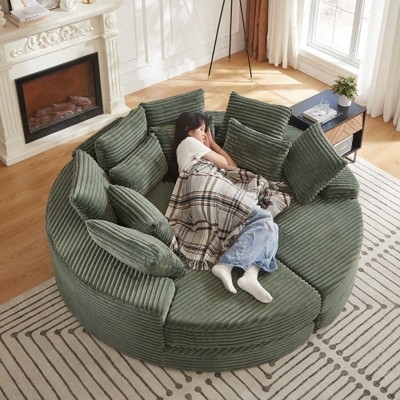Round Sofa Bed Forest Green Corduroy Oversized Pillows