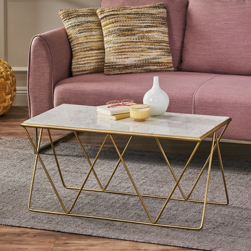 Round Stone-Like Coffee Table with Gold Openwork Geometric Frame