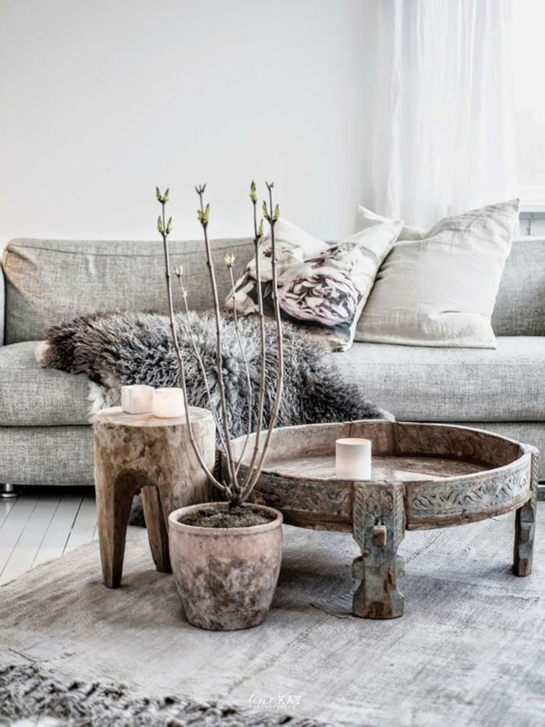 Round Textured Drum Coffee Table in Light Wood Bohemian Style