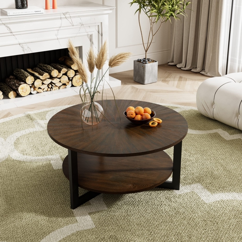 Round Two-Tier Coffee Table Black Metal Frame Industrial Style