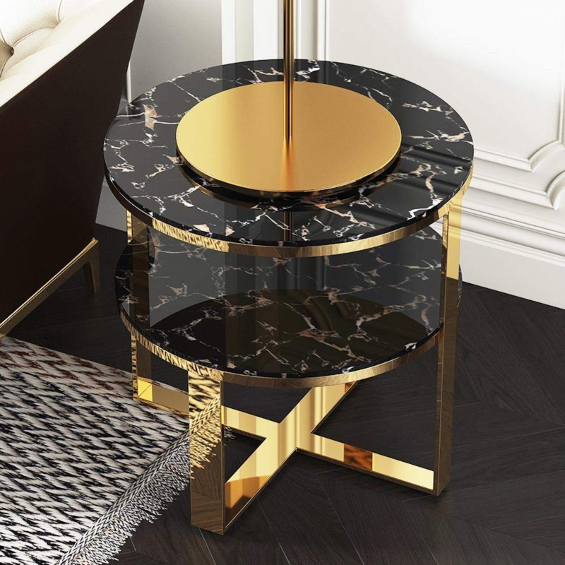 Round Two-Tier End Table with Black Marble Tops and Gold Metal Pedestal