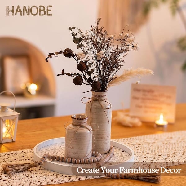 Round White Beaded Tray, Distressed Finish for Farmhouse Centerpiece