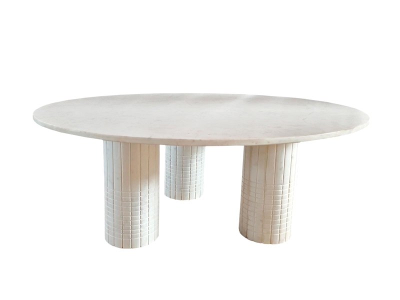 Round White Stone Top Coffee Table with Gold Geometric Base