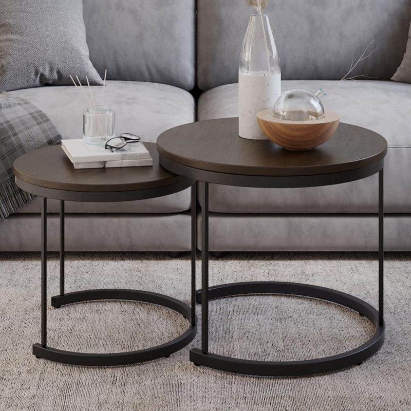 Round Wood and Metal Tables in Nesting Design with Open Frame