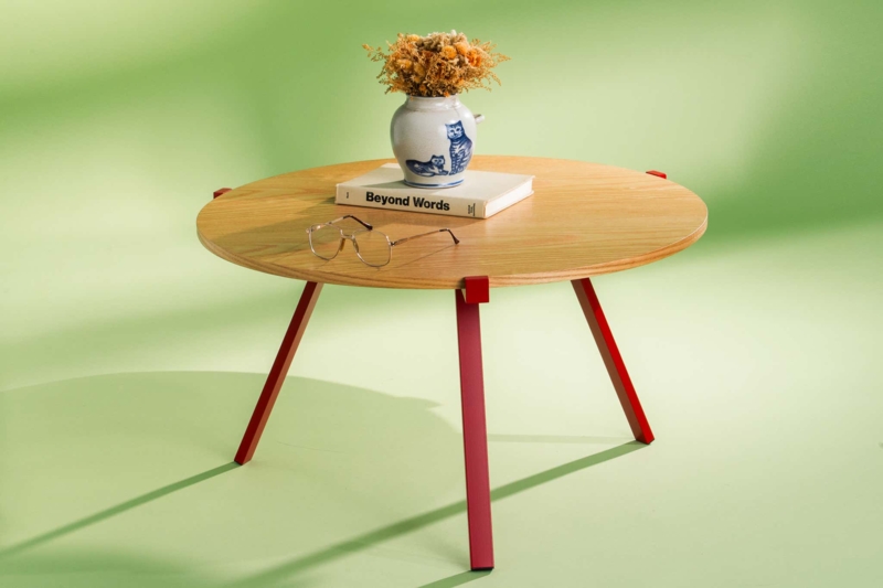 Round Wood Coffee Table Living Room with Architectural Cross-Base